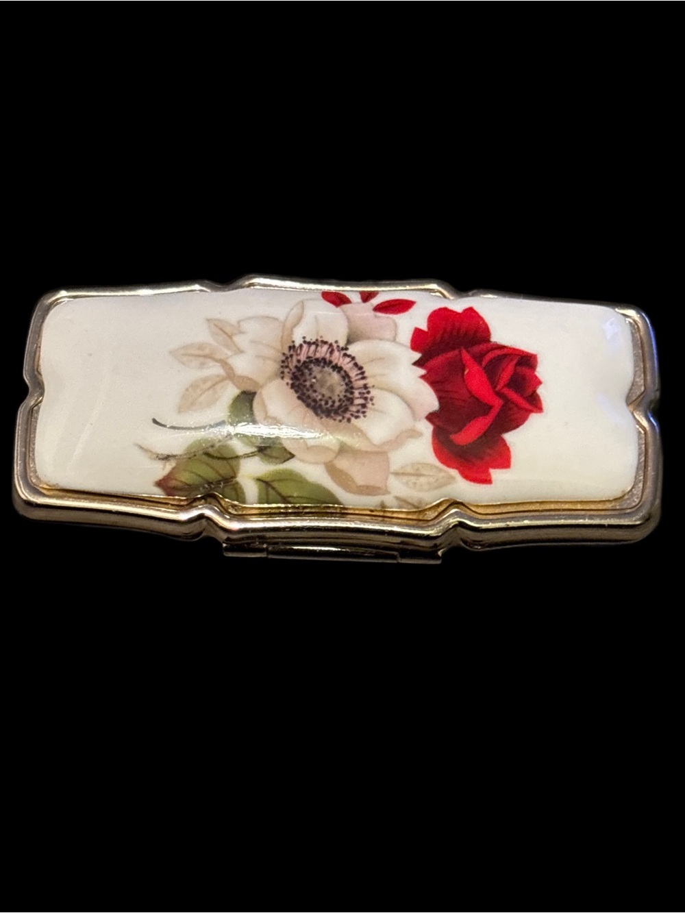 Vintage 1950’s Floral Porcelain Lipstick Holder & Mirror Red Rose Motif